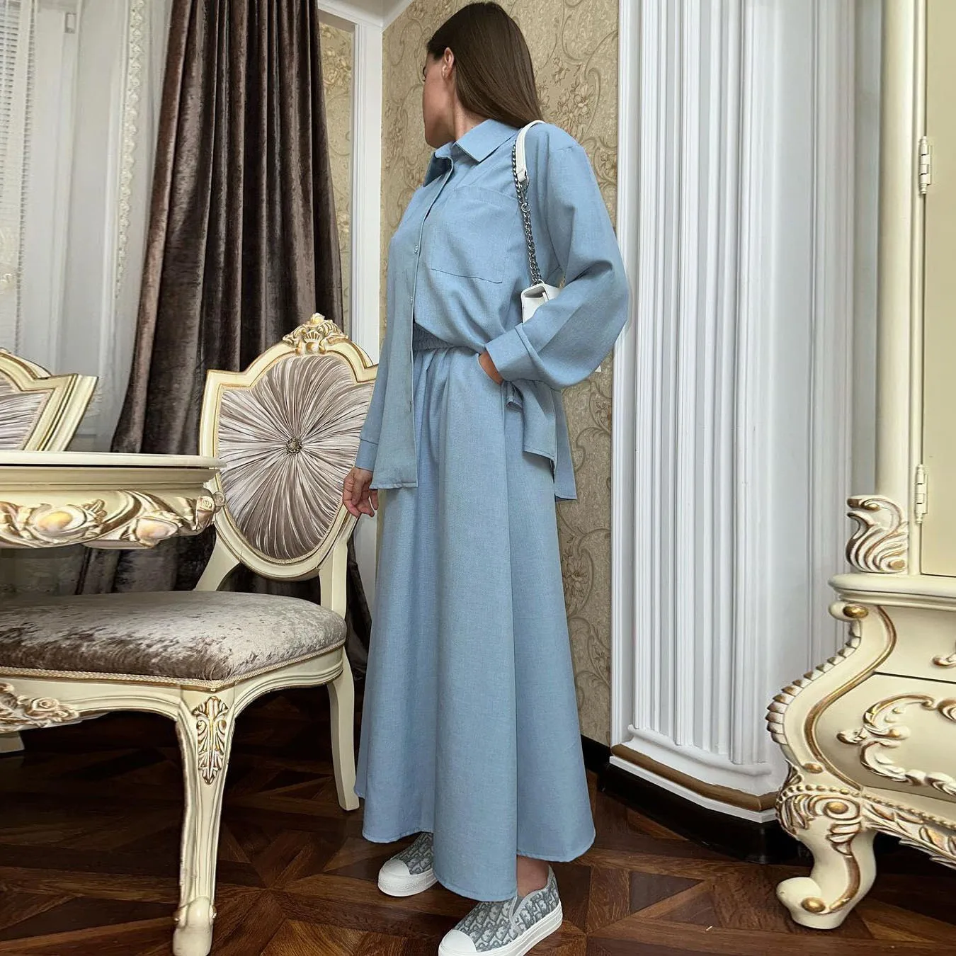 Eid 2 Piece Set Women Muslim Turn Down Collar Cardigan Shirts & Skirts Lace Up Tight Waist Full Sleeve Long Straight Skirt Set