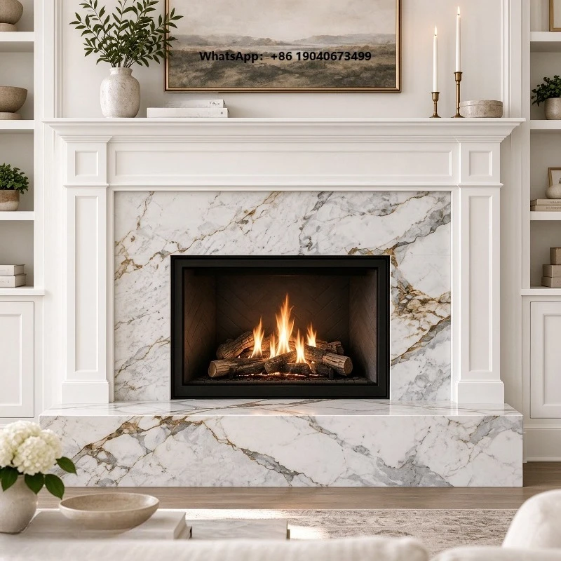 Modern interior home decoration - hand-carved white natural stone standalone marble fireplace   h003