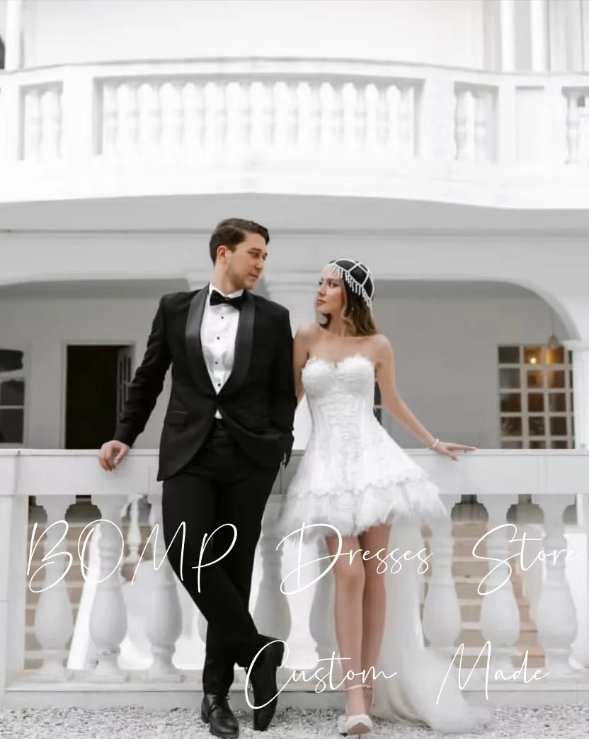 BOMP Exquisites Mini-Hochzeitskleid, trägerlos, A-Linie, mit Perlen verziert, weißer Satin, Hof-Tüll-Schleppe, Brautkleid, individuelle Robe De Mariée