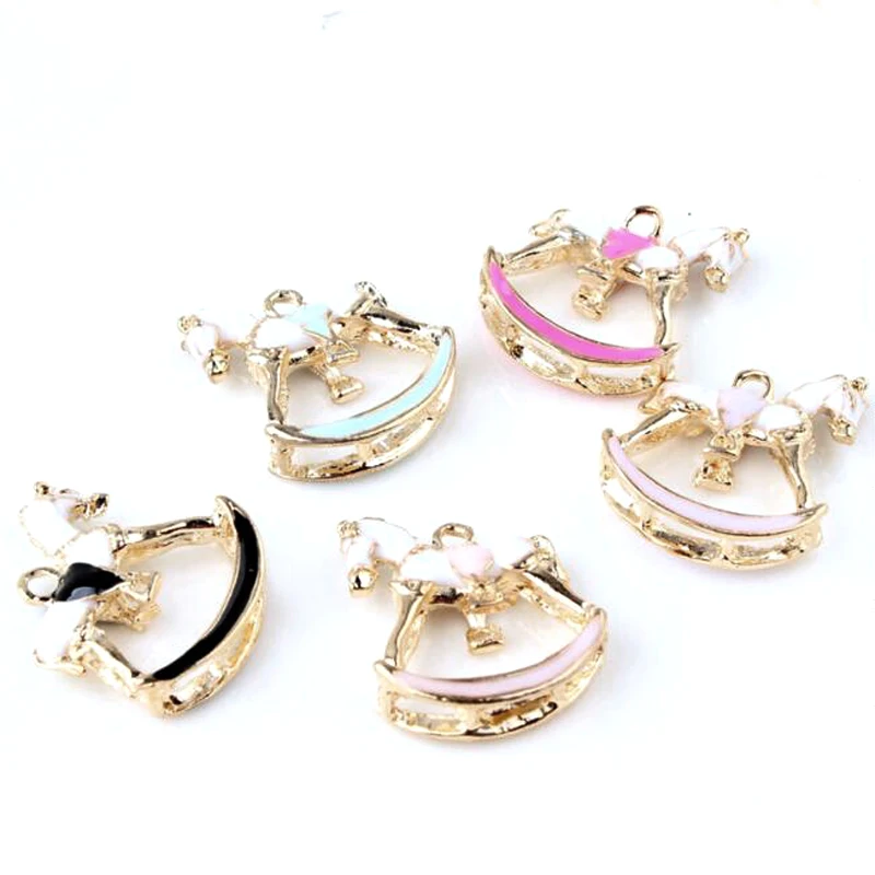 5pcs 22*25mm Diy Fashion Dangle Enamel Rocking Horse Charms, Metal Bracelet Pendant Necklace Bracelet Alloy Earring Accessories