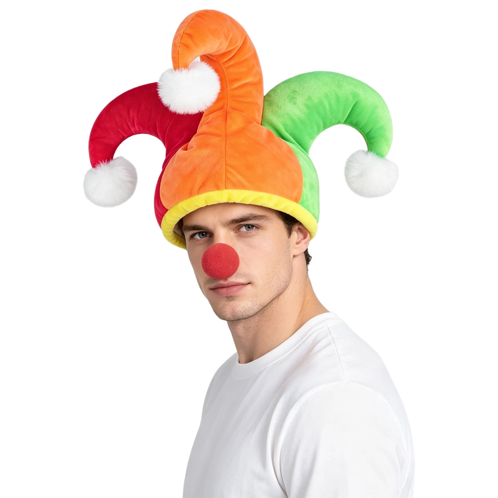 Women Men Contrast Color Brimless Clown Hat Cap with Pompoms for Jester Themed Party Cosplay Stage Performance Halloween