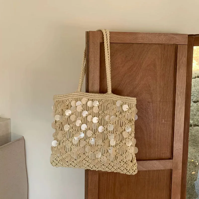 

Hylhexyr Spring Summer Woven Casual Tote Sequin Decor Handmade Crochet Beach Shoulder Bag For Women