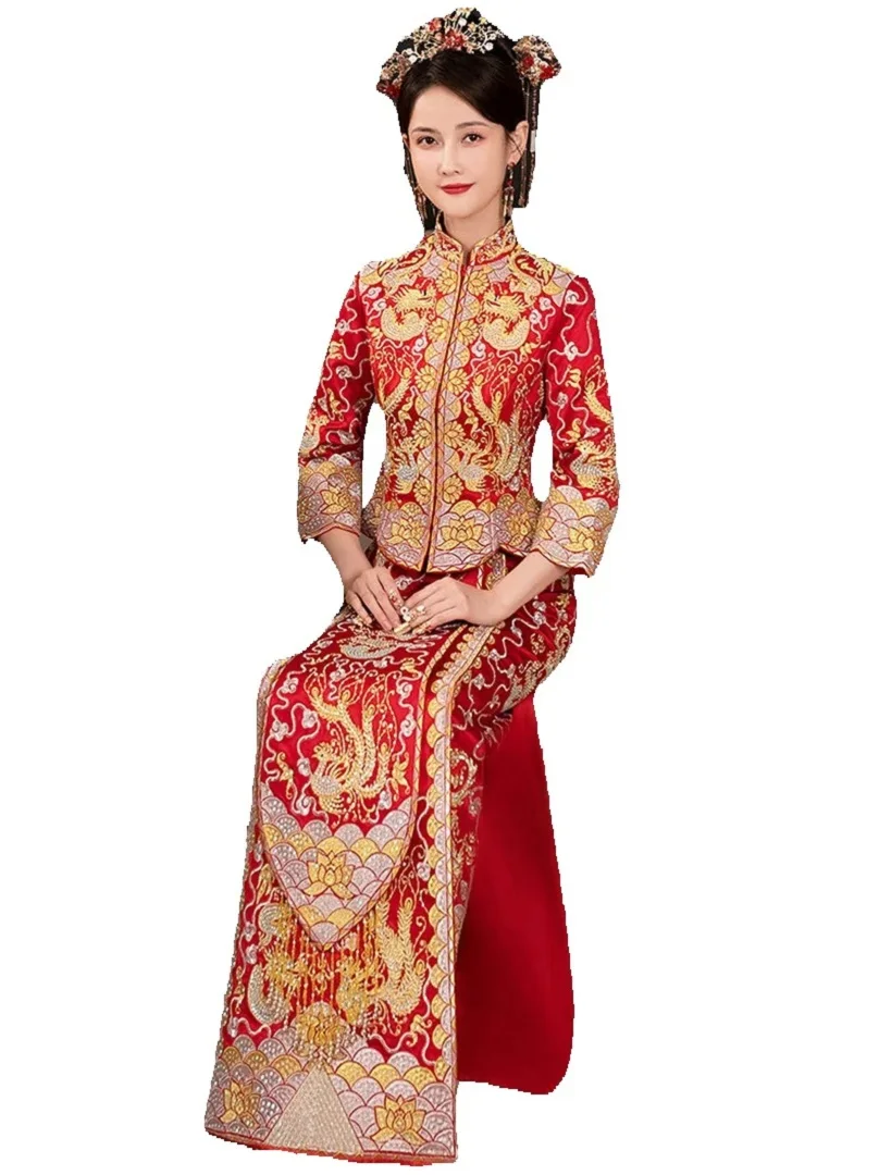 Cantonese Embroidery Bride Traditional Wedding Dress Dragon Phoenix Pattern Jacket Skirt Set Chinese Trend Tang Suits CT059