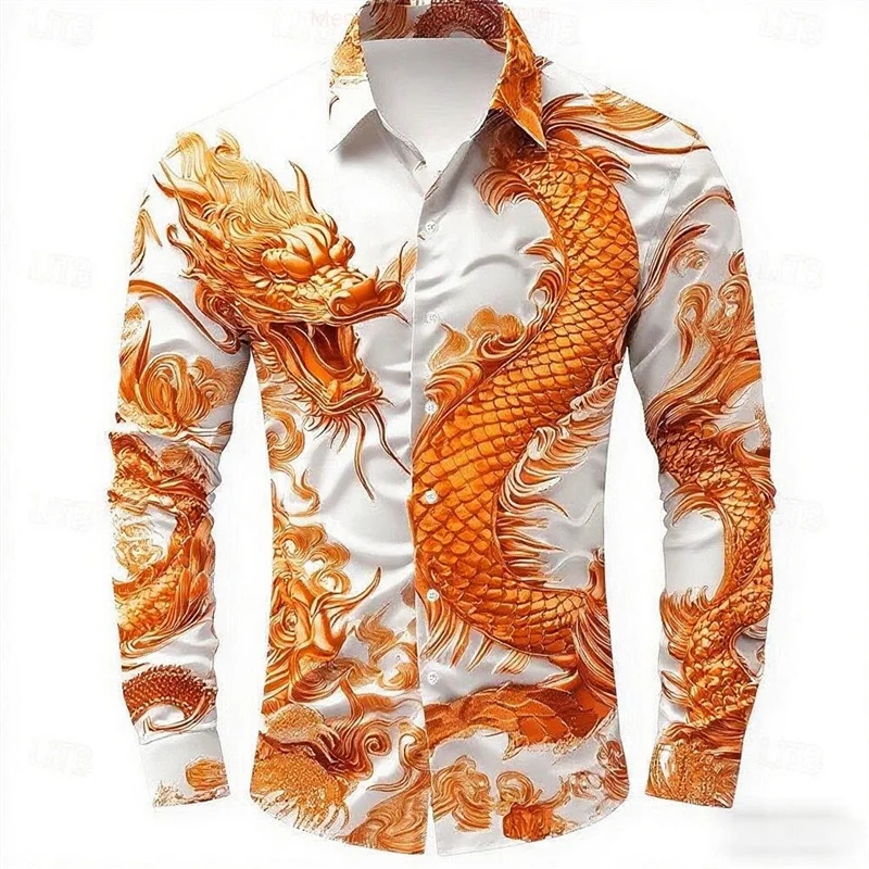 

multicolour Dragon Men's Long Sleeve Shirt Button Fashion Casual Shirt Vacation Everyday Spring Lapel 3D Printed Men's Clothing