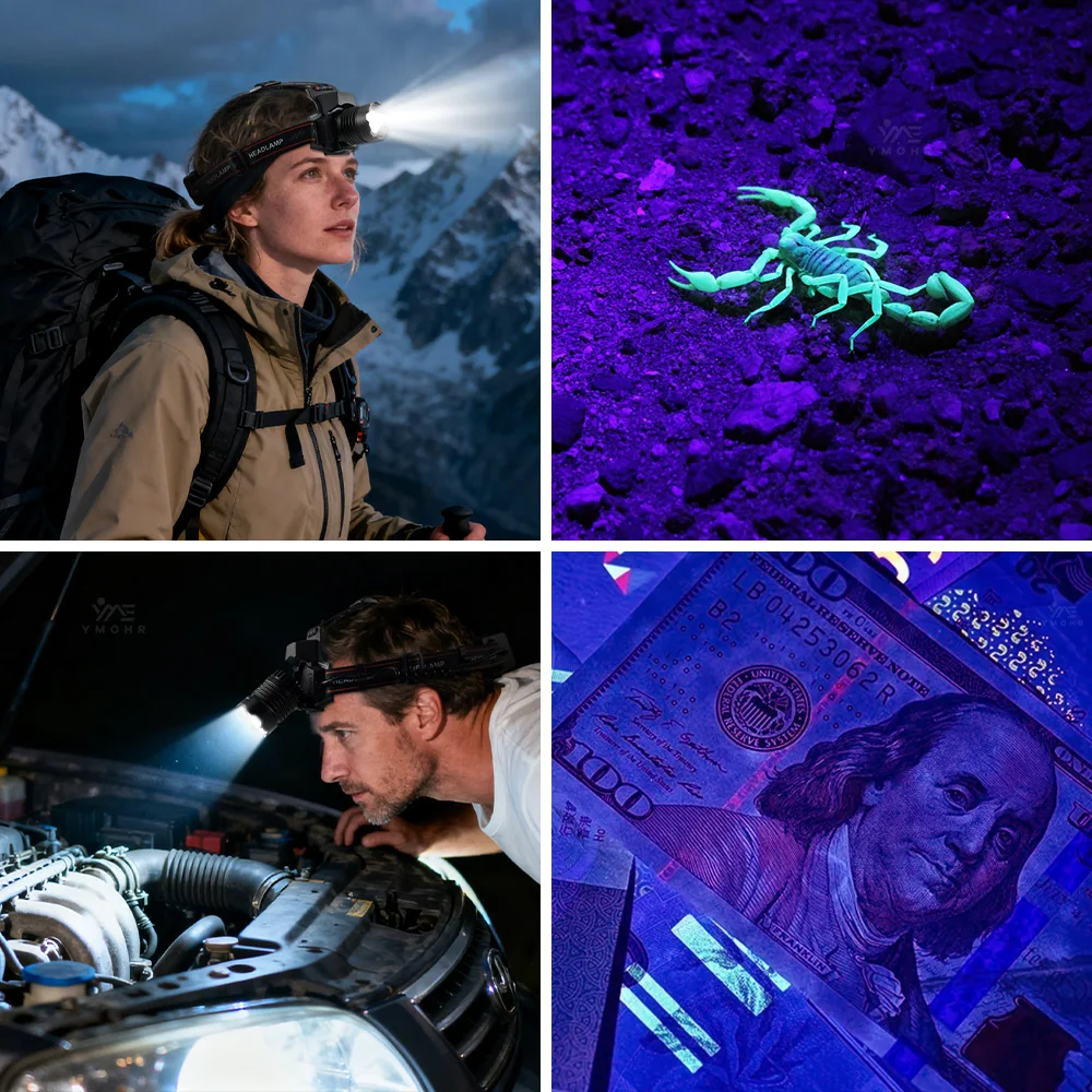 365NM UV Flashlight Headlamp USB Rechargeable 18650 Head Torch Power Bank Purple Light Leak Detection Scorpion Finding Repair