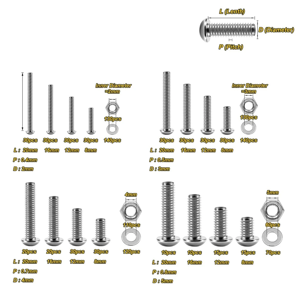 1290pcs Round Head Hexagon Socket Screws Set 304 Stainless Steel Screw and Nut Washer Wrench Combination Kit M2 M3 M4 M5 Screws