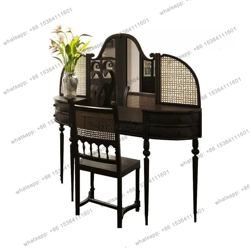 

Retro rattan dresser solid wood desk writing desk neoclassical storage table dressing table complete