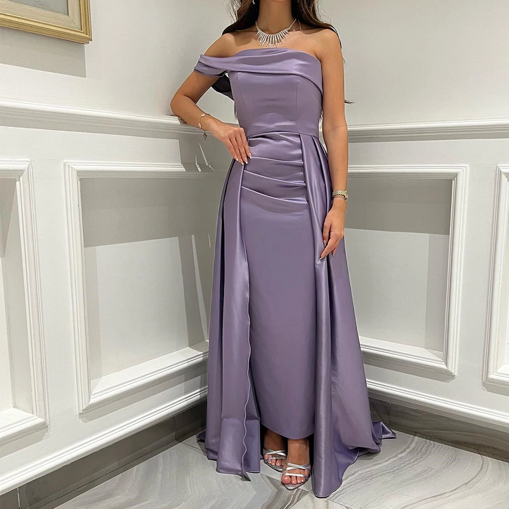 

Purple Satin Off Shoulder Evening Dress Elegant and Formal Pleats Panel Train Ankle Length Prom Dress Saudi Arabia Party Gowns