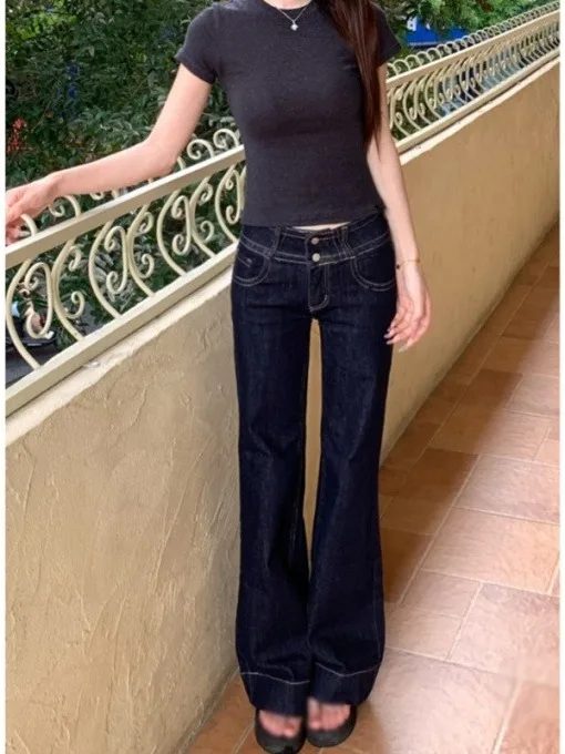 plus Size American Retro Flared Low Waist Straight Leg Jeans Women's Small Size Double Belt Buckle Loose Fit Denim Pants