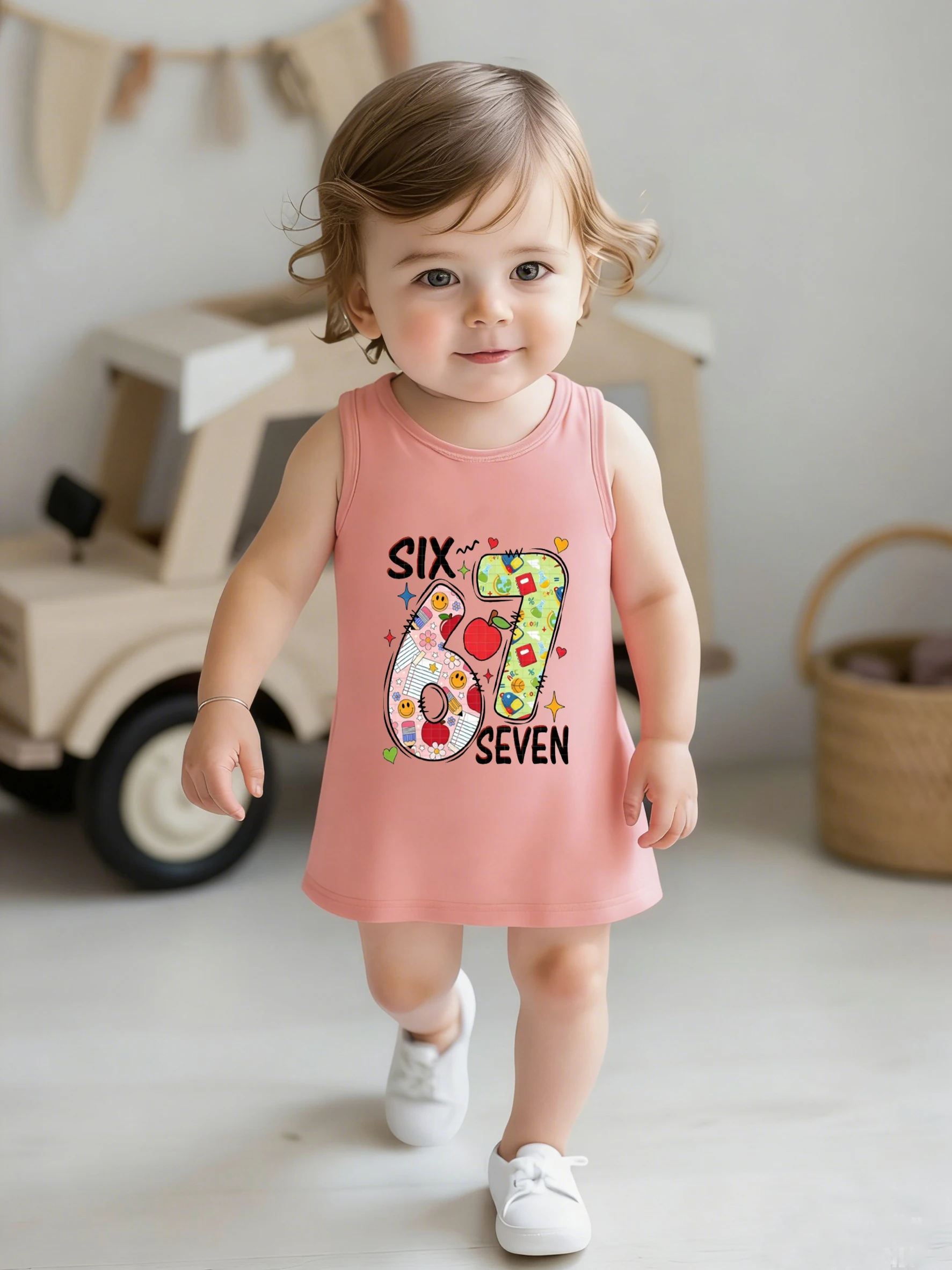 Baby Girl Sleeveless Tank Dress 0-3Y Infant Pink Number 67 School Print Summer Cute Outfit