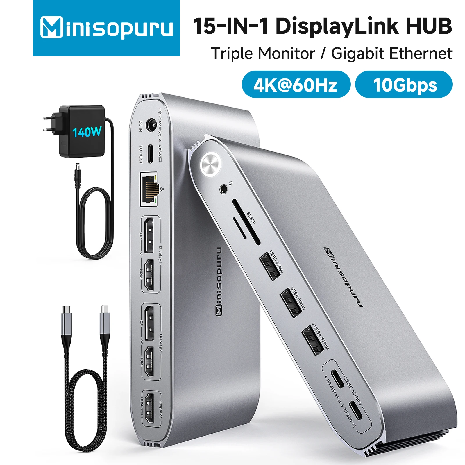 

Minisopuru DisplayLink Docking Station Triple Monitor with 140W Power Adapter for MacBook Windows Thunderbolt 3/4 USB C Dock