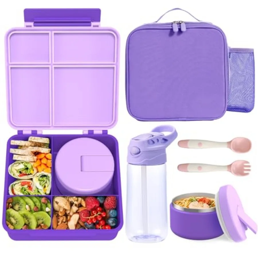 

Bento Lunch Box with 8oz Soup Thermo, Water Bottle, Leakproof Lunch Food Containers with 4 Compartment, Insulated Hot Food Jar