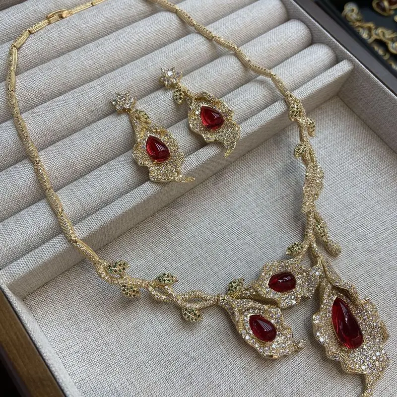 Calla Lily Shape Red Cubic Zirconia Jewelry Set For Women Daily Wear Necklace And Earrings