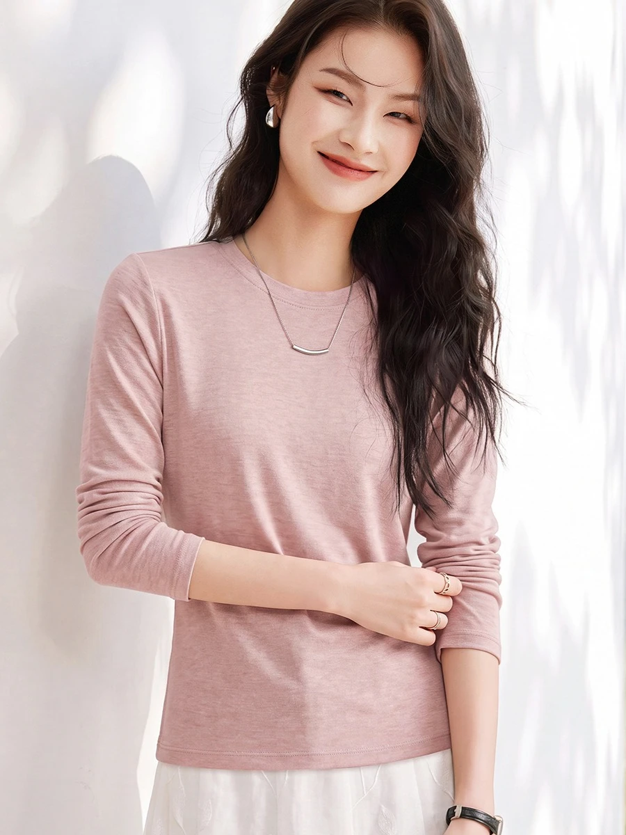 2026 Fall Women Lyocell Wool Blend Long Sleeve Tee Soft Basic Slim Fit Elegant Layering Undershirt Tops