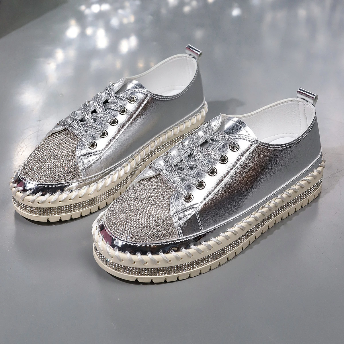 Sapatos solas grossas com strass para mulheres, tênis com cristal, plutônio, apartamentos para caminhadas, fundo grosso, plus size, 43