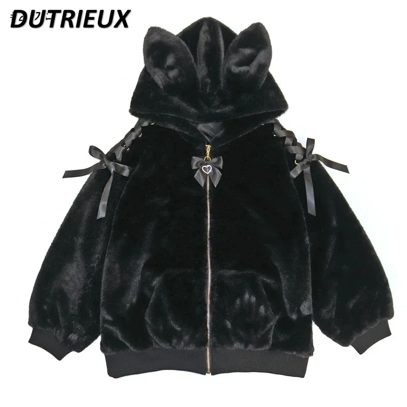 

SC Thickened Fleece Velvet Coats Winter New Japanese Cute Rabbit Ears Hooded Warm Fur Coat Sweet Tie-Neck Bow Jacket for Women