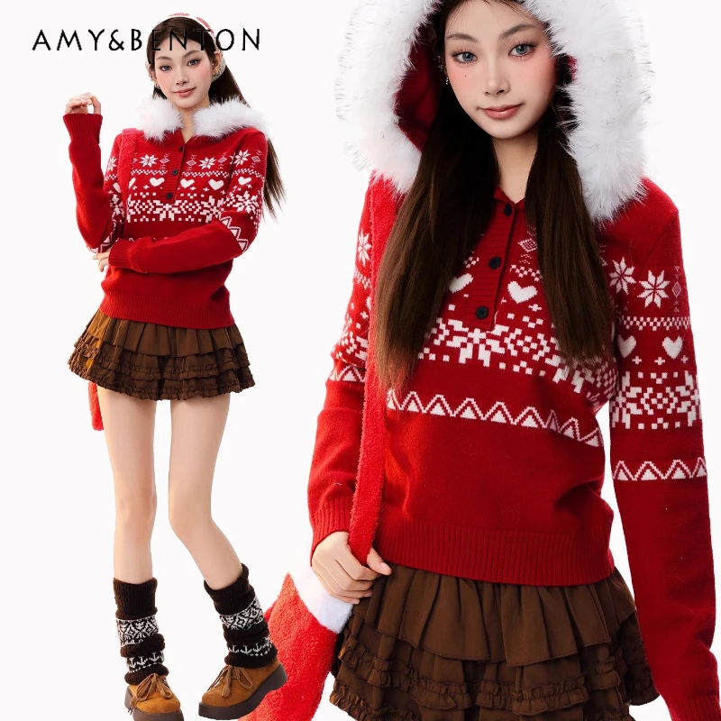 

Original Design Heart Jacquard Red Women's Sweater Knitted Christmas Winter New Style Furry Collar Y2K Hooded Pullovers Ladies