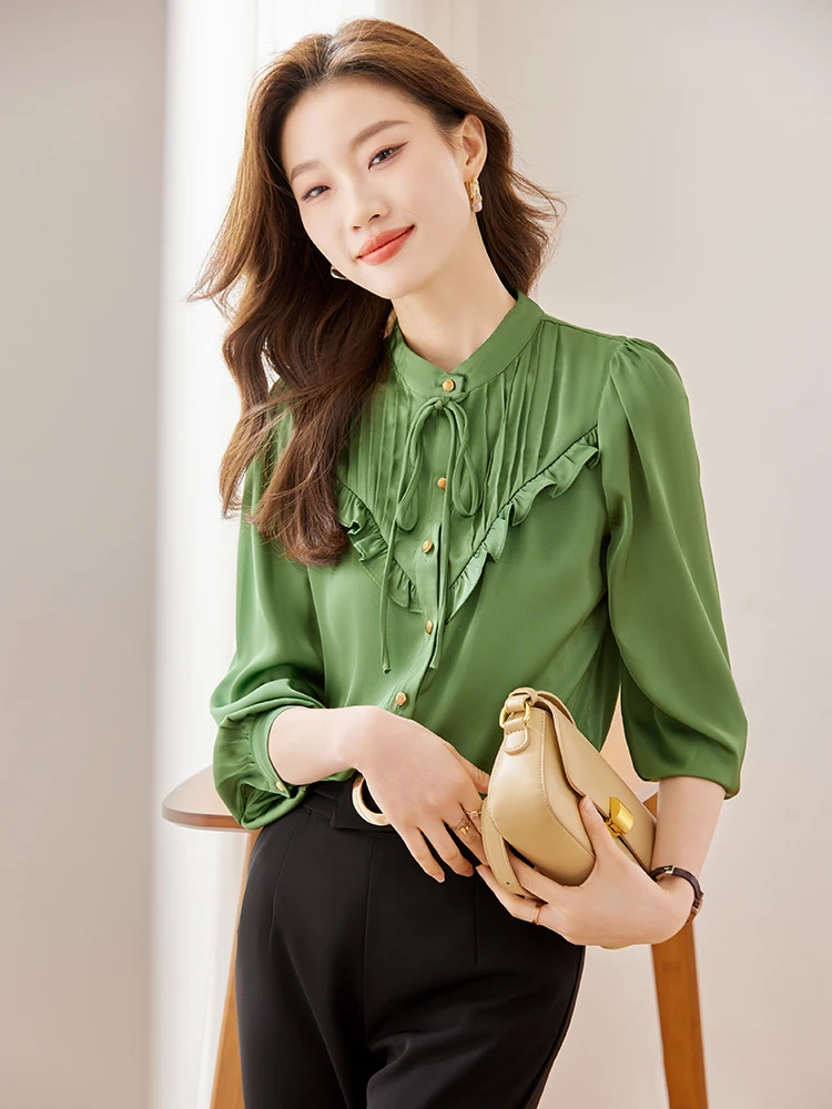Solid Women Shirt Pleated Satin Europe Bow Tie Fashion Blusas Mujer De Moda 2023 Mujer Victorian Blouse White Camisas De Shirts