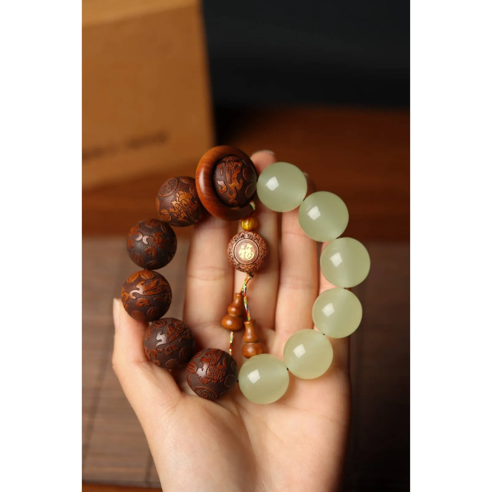 Wealth Inviting Luminous Bead Fu Charm Huanghuali Wood Buddha Bracelet 20mm