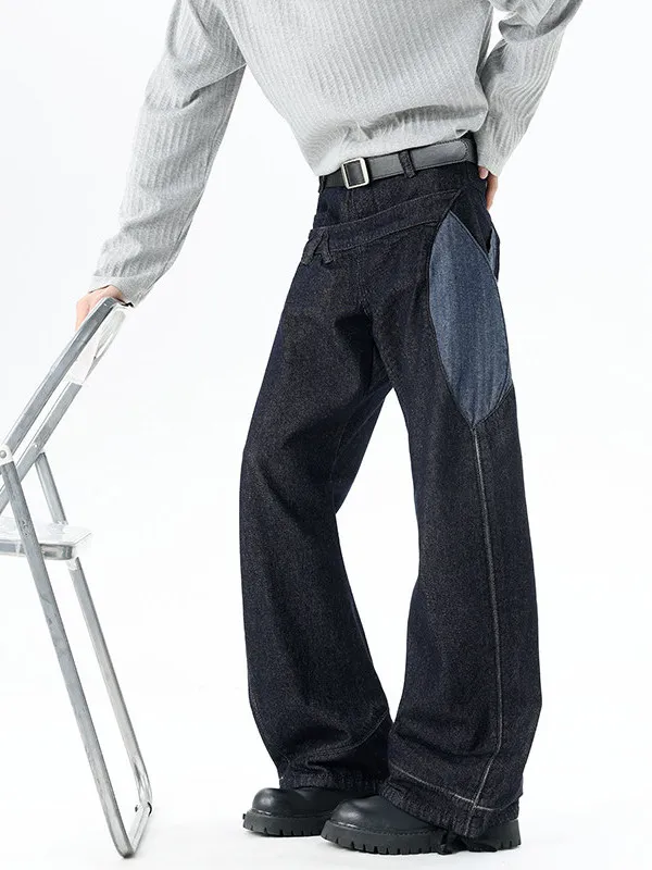 

TANGZ Studio American High Street Double Waist Men's Jeans Original Cowhide Patchwork Micro Flare Casual Pants