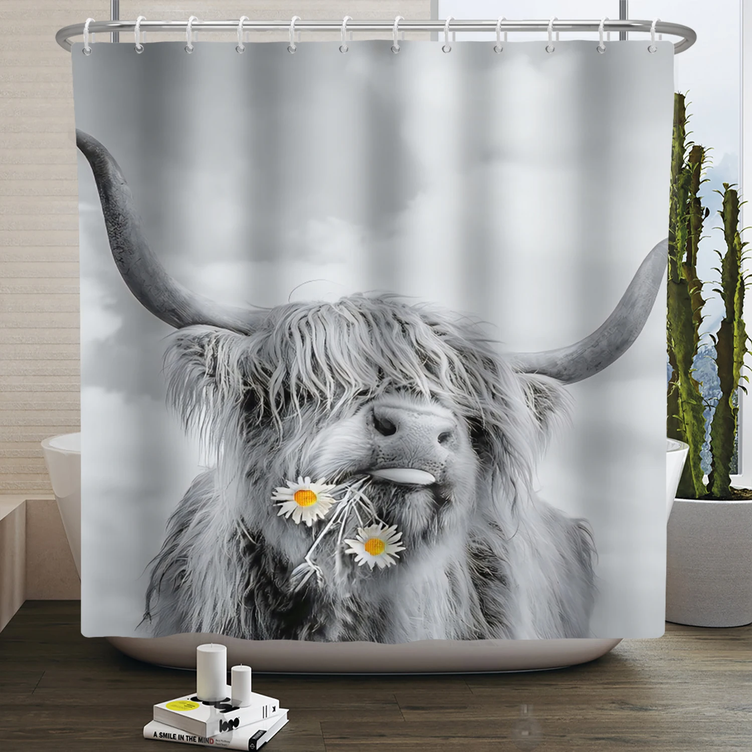 Farmhouse Highland Cow Bull Get Naked Shower Curtain with Hooks Funny Cattle Floral Decoration Country StyleCurtains