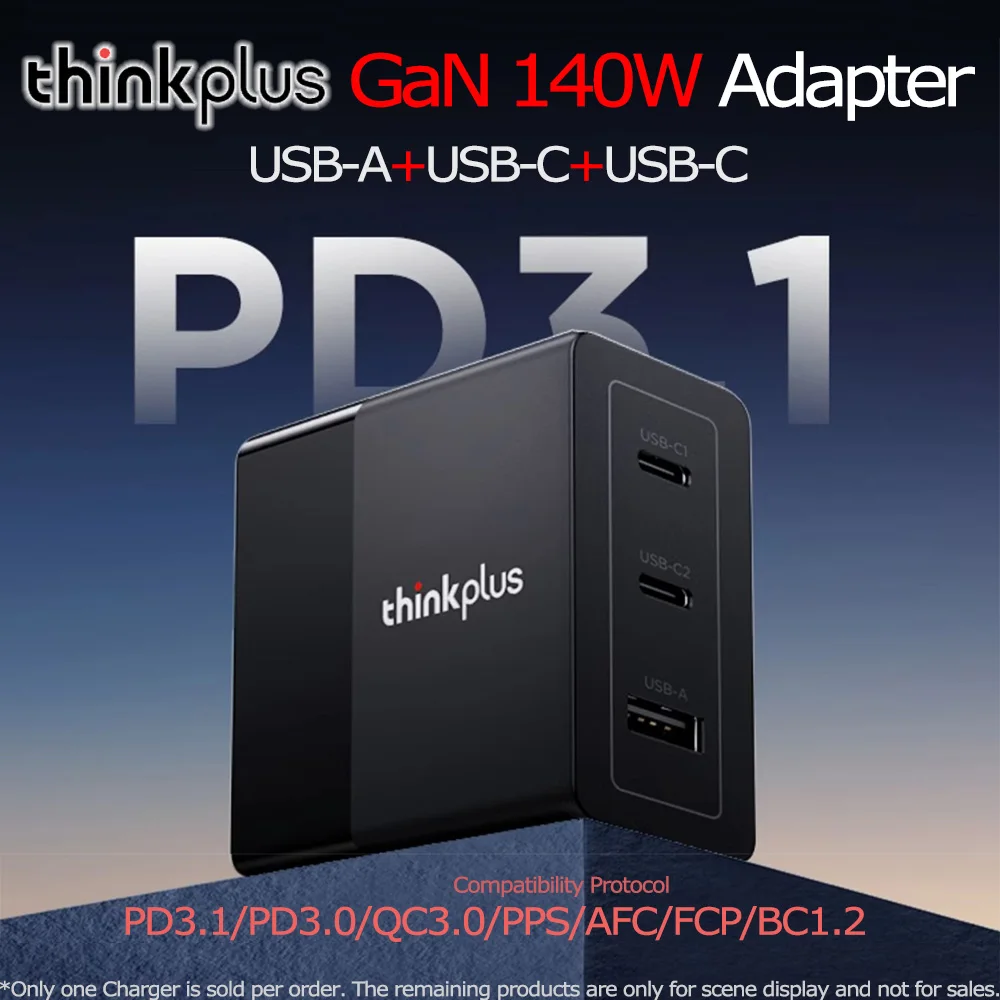 محول Lenovo الأصلي thinkplus GaN بقدرة 140 وات 3 منافذ شاحن USBA TypeC متعدد المنافذ لأجهزة الكمبيوتر المحمول وسماعات الهاتف متعددة البروتوكولات