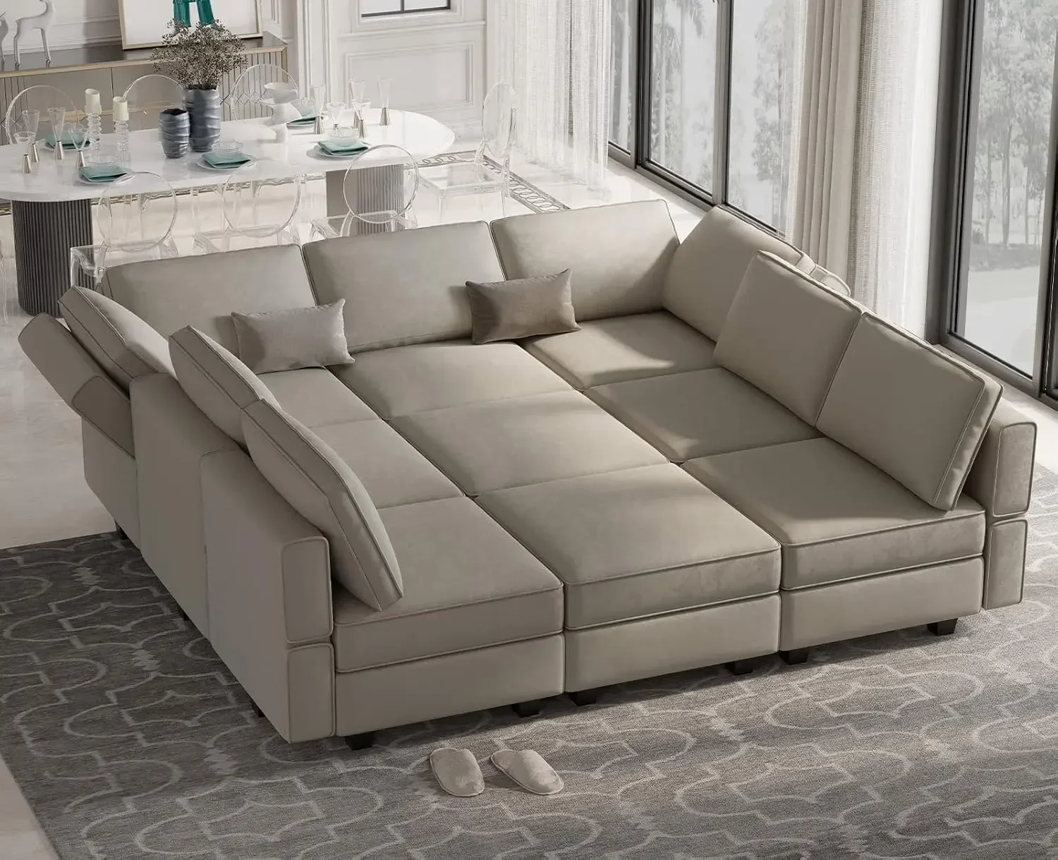 XMSJ-Reversible Velvet Modular Sectional Sleeper Sofa Bed with Ottomans, Storage and Chaise - Grey