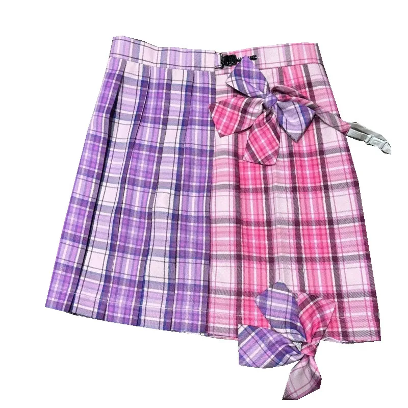 Mini Skirts With Bowtie Women Summer Japanese School Pleated Skirt High Waist Kawaii Cute Purple Plaid Skirt Uniform Harajukur
