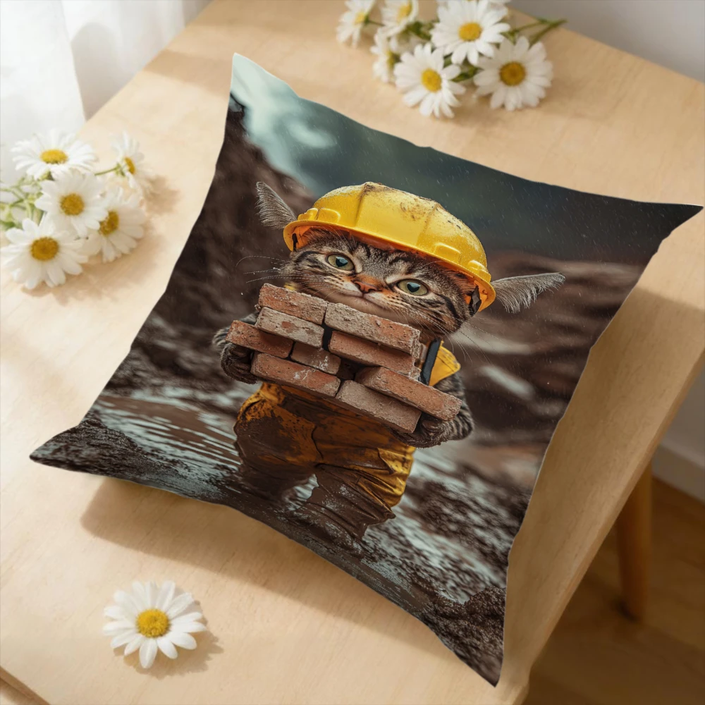 Funny Cat Construction Worker Cushion Cover Yellow Hardhat Brick Print Sofa Bedroom Home Decor Soft Square