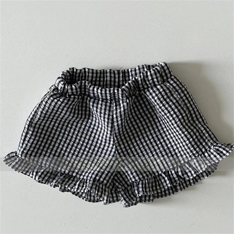 Children\'s ins k-style summer new suit for girls and babies plaid lace elastic waist casual shorts two-piece set