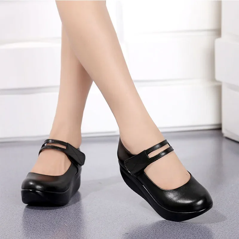 YAERNI Black High Heel Wedges Women Genuine Leather Lady Platform Shoes