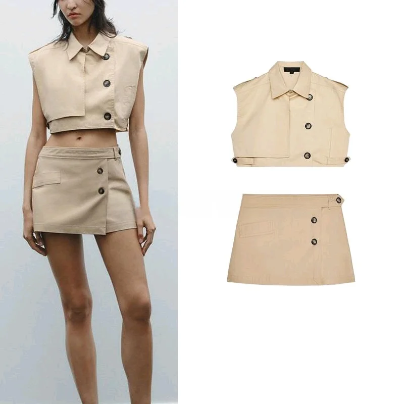 

Новая весенняя женская повседневная удобная юбка, брюки с украшением на пуговицах, топ с украшением на ремешках, модные двухсекционные...