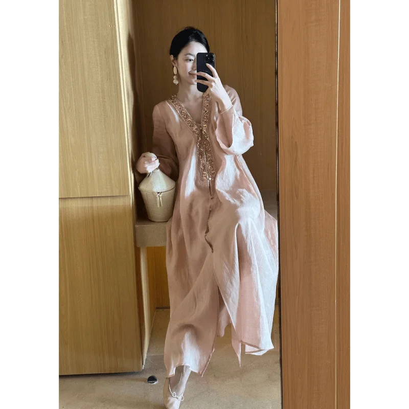 

2026 Summer pure and relaxed wear beautiful pink long-sleeved temperament dress women's beautiful long dress
