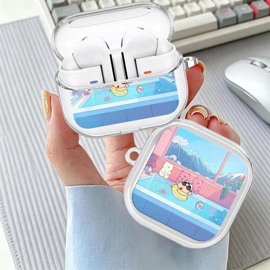 Bathing Shin-chans Case For Samsung Galaxy Buds 4Pro 3Pro 2 3 FE Live 2Pro 4 Pro Clear Earphone Cases Cover With Hook