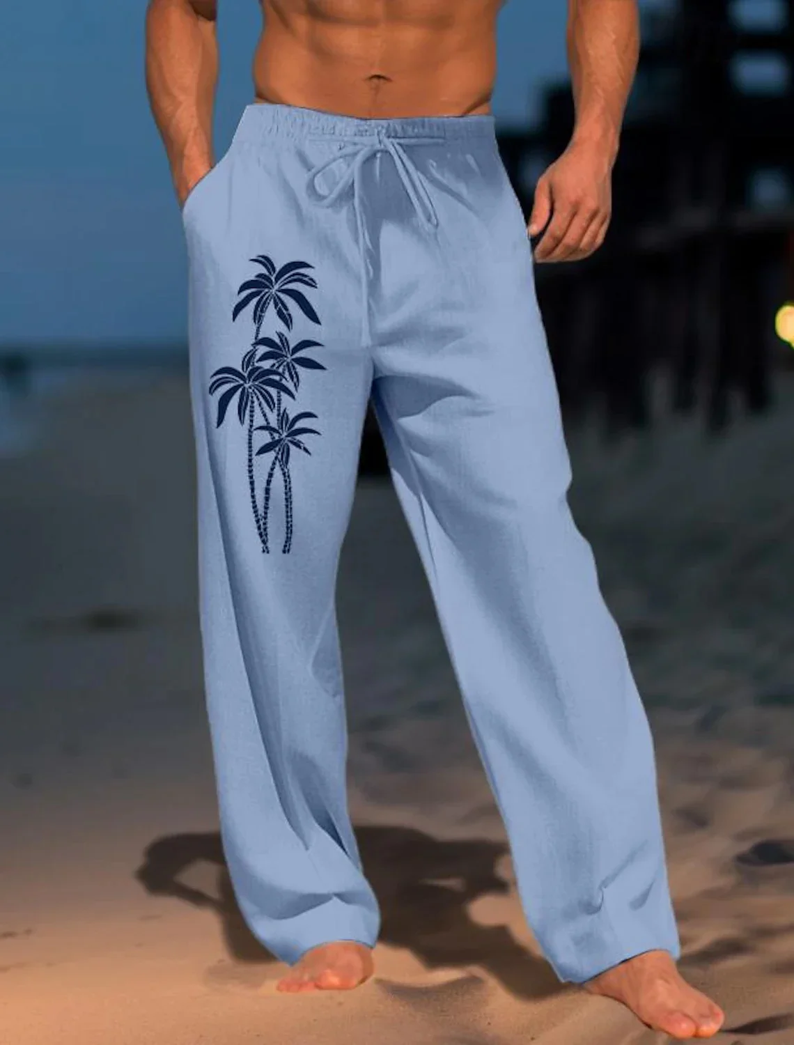 Men's Coconut Tree 3D Printed Loose Casual Pants, Mid-Rise Hawaiian Vacation Beachwear with Drawstring Elastic Waist