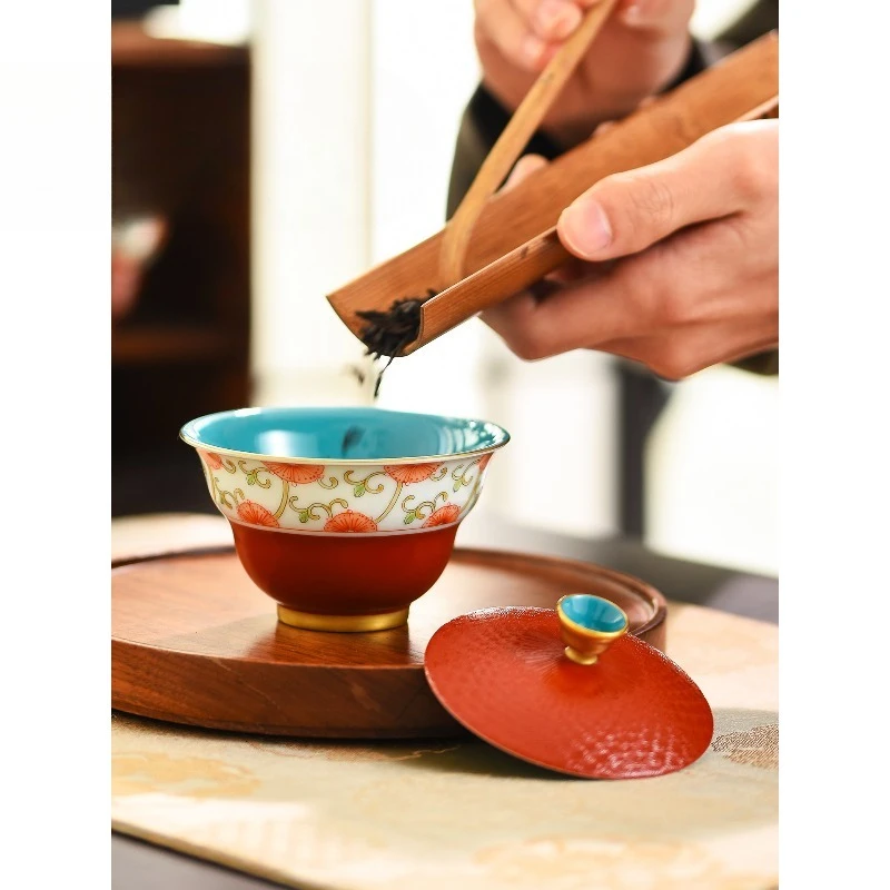 

Pastel handmade three-talented cover bowl Jingdezhen system, Chinese kung fu tea set, high-end gift box