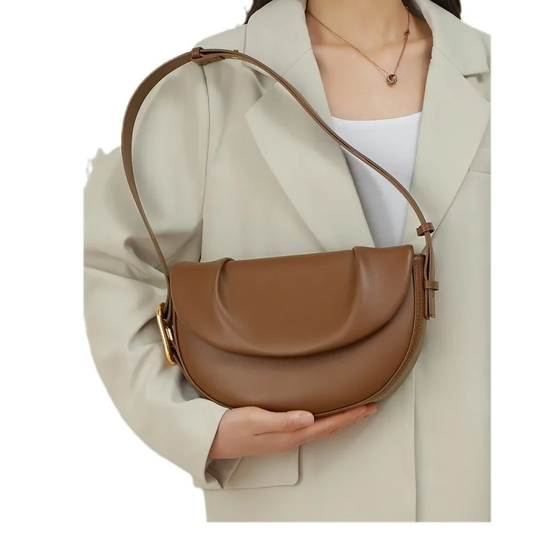 2025 Genuine Leather Spring Summer Versatile Shoulder Bag Niche Crossbody Cowhide Pleated Underarm Saddle Bag for Women