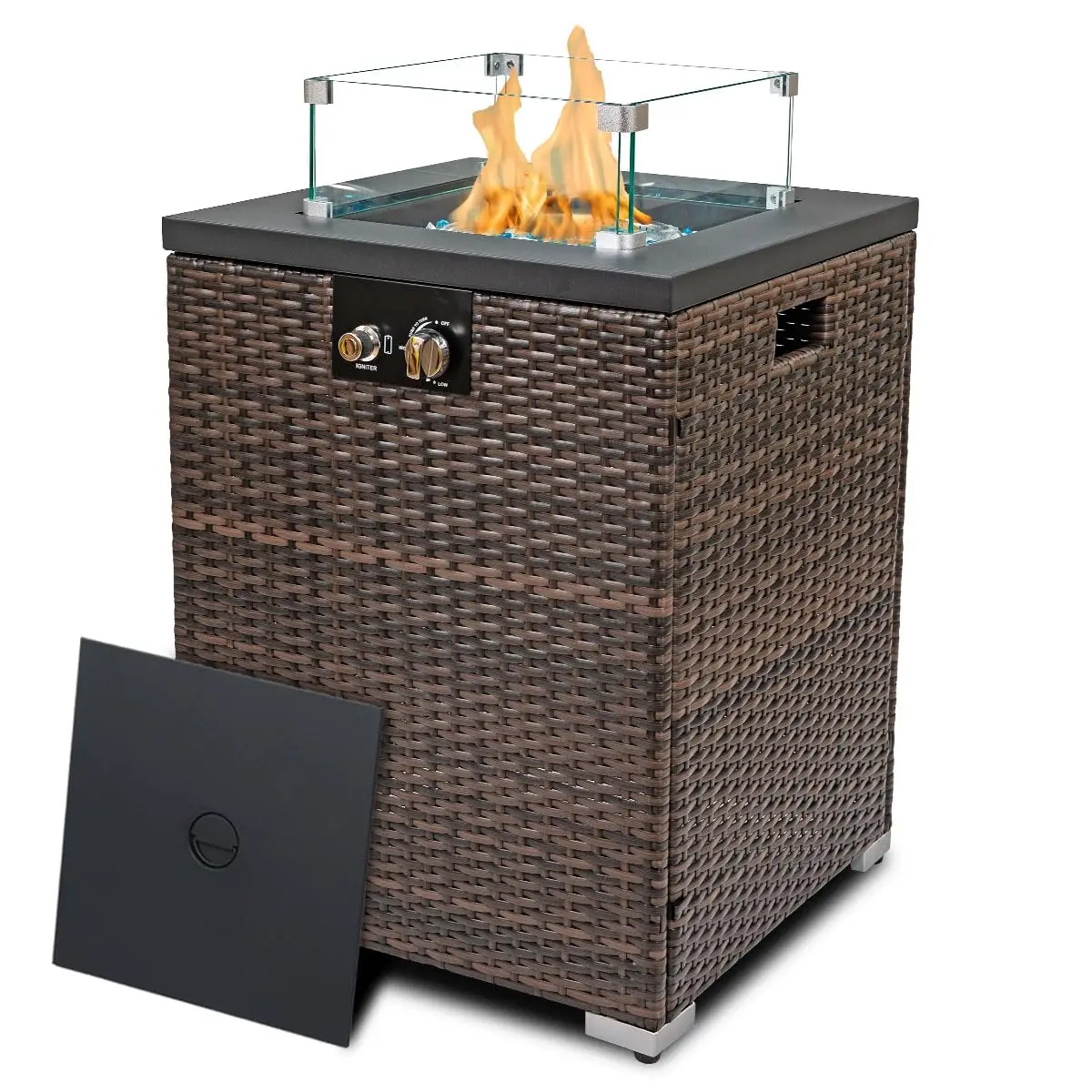 22in Propane Gas Fire Pit Table 40000 BTU Auto-Ignition Glass Wind Guard Steel Tabletop Mixed Glass Rocks PE Rattan, Customized