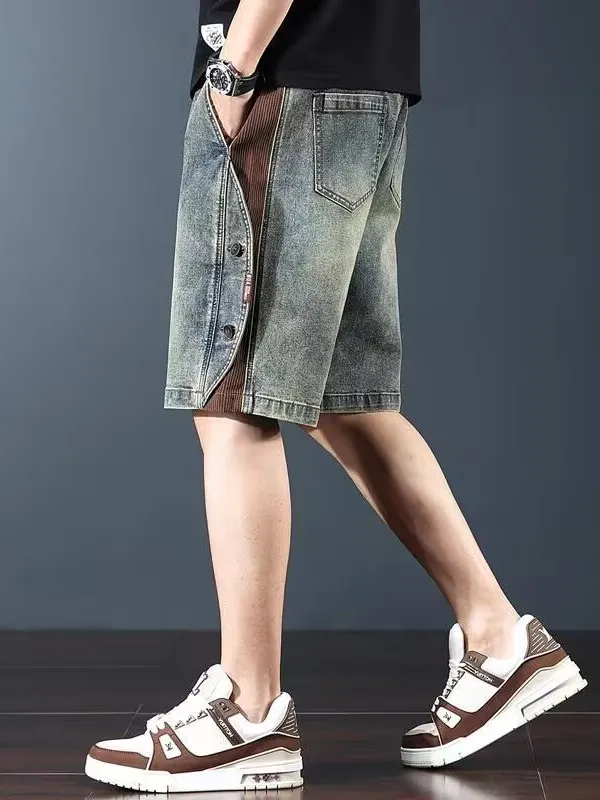 Amerikaanse retro heren denim orts casual rechte pijpen zware wa outdoor vijfknops splitsbroek jeugd zomerkleding