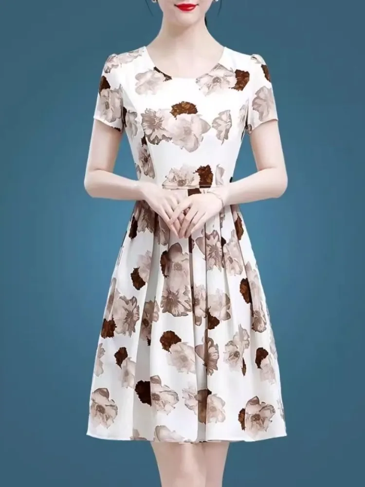 ice-silk-floral-print-a-line-dress-short-sleeve-v-neck-slim-fit-women's-summer-fashionable-clothing-vestido-mujer-verano