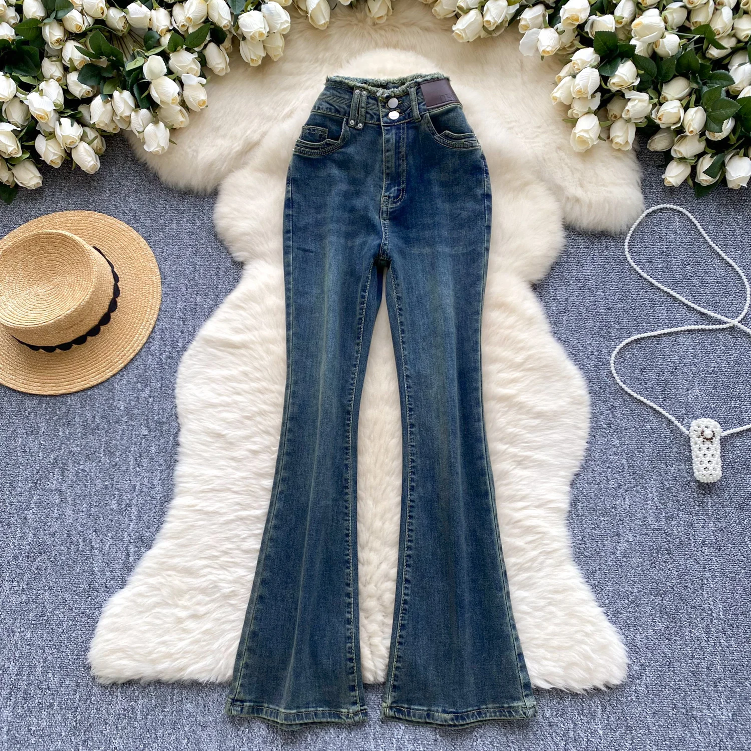 Autumn Casual Basic Jeans American Retro Denim Trousers Ladies High Waist Zipper Pockets Design Flared Pants