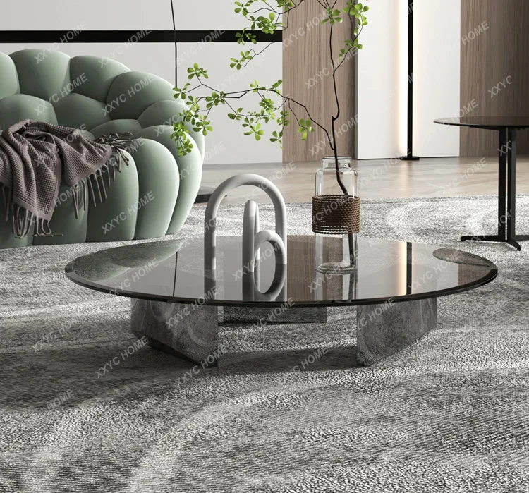 

Tempered Glass Household Small Apartment Living Room Sofa Coffee Table Designer Round Rock Slab Coffee Table