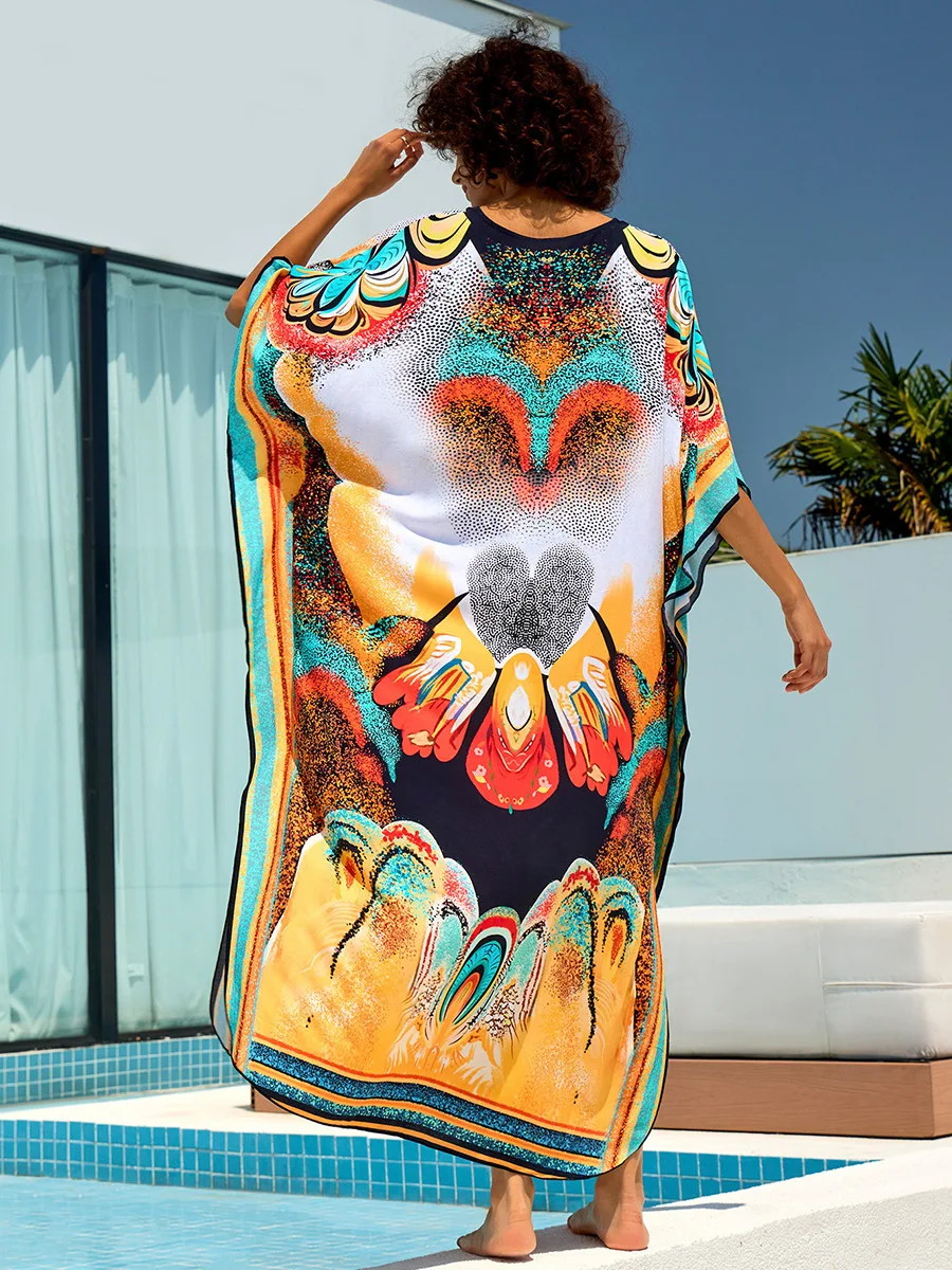 ชุด Kaftan PLUS ขนาด V คอแขน Batwing Beach COVER UP 2025 ฤดูร้อนพิมพ์ลายดอกไม้ Caftan DRESS