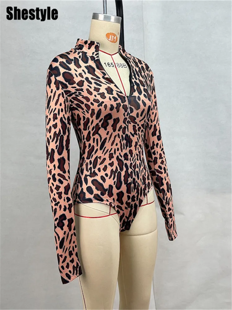 Shestyle Leopard Zip Up Long Sleeve Bodysuit Women Stand Collar Without Leg Tight Thong Button Brown Animal Dot T-Shirt Autumn