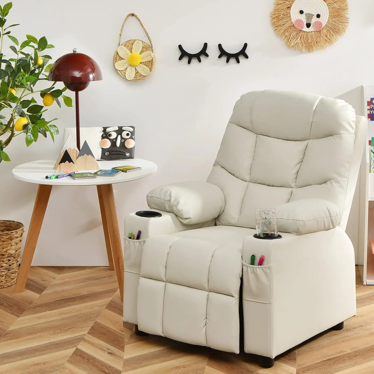 Beige,Kids Recliner Chair with Cup Holder, Adjustable Lounge Chair w/Footrest & Side Pockets for Children Boys Girls Room, Ergon