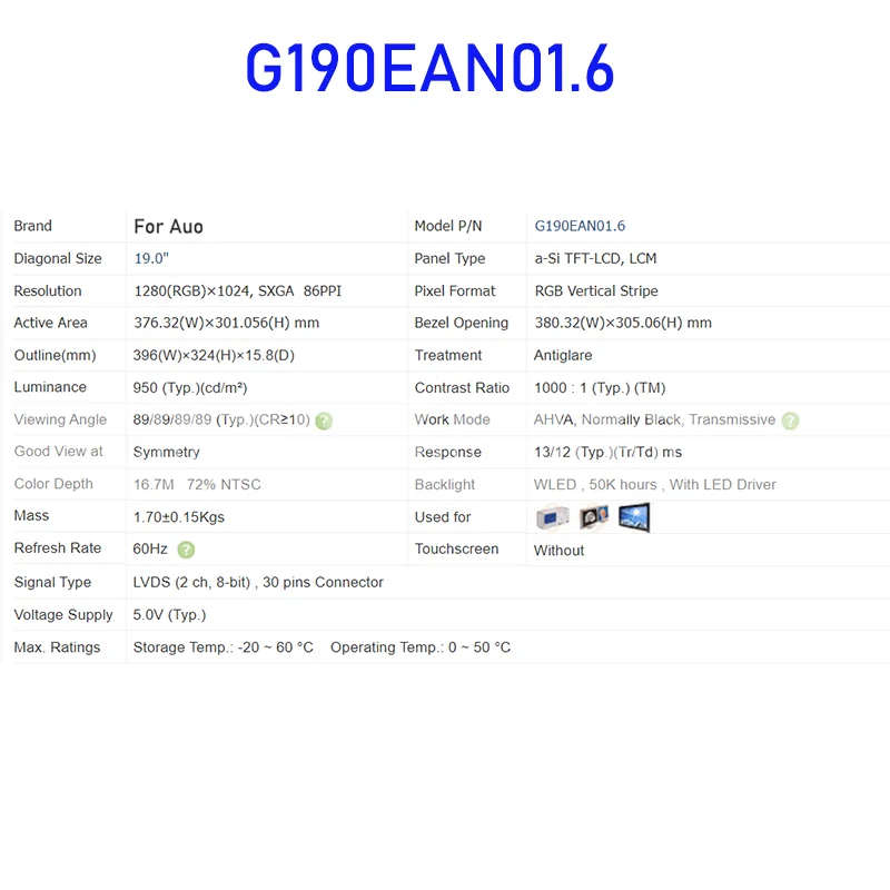 G190EAN01.6 Painel de tela LCD de 19,0 polegadas original para conector Auo de 30 pinos novo testado