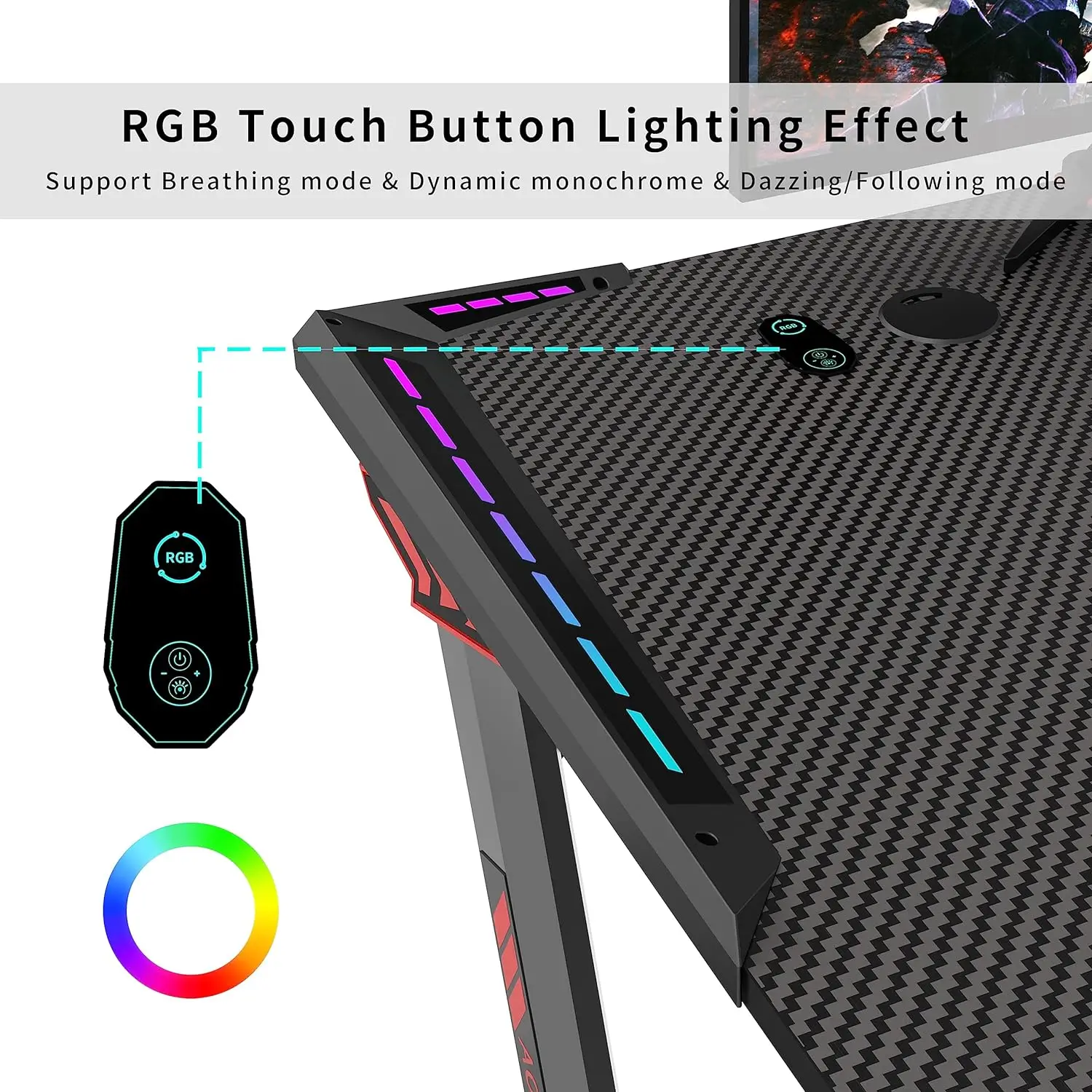 L-Shaped LED Gaming Table, Computer Corner Desk com Mouse Pad, Headphone Gancho e Suporte para Copo, Preto, 55"