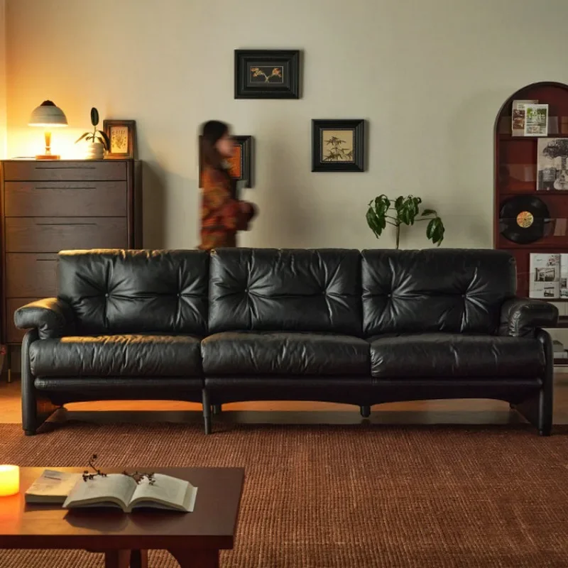 

Small apartment tofu cubes lazy medieval few black retro oil wax leather sofa