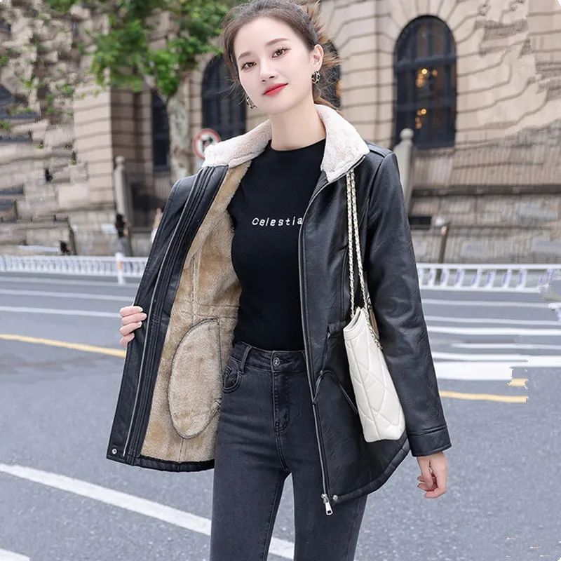 UHYTGF Quality PU Leather Jacket Women Mid Length Lamb Wool Casual Coat Female Slim Autumn Winter Leather Outerwear Ladies 2330