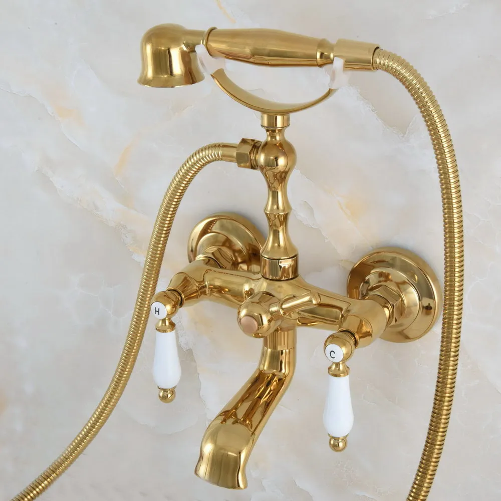 Luxury Golden Brass Double Handle Wall Mounted Bathroom Bath Tub Faucet Set with 1.5M Hand Held Shower Spray Mixer Tap 2na864